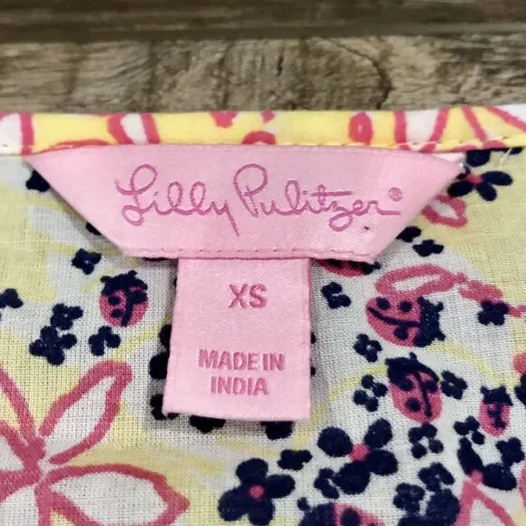 Lilly Pulitzer Blouse Tunic XS Multicolor Floral V Neck Empire Waist Roll Tab - Picture 4 of 10